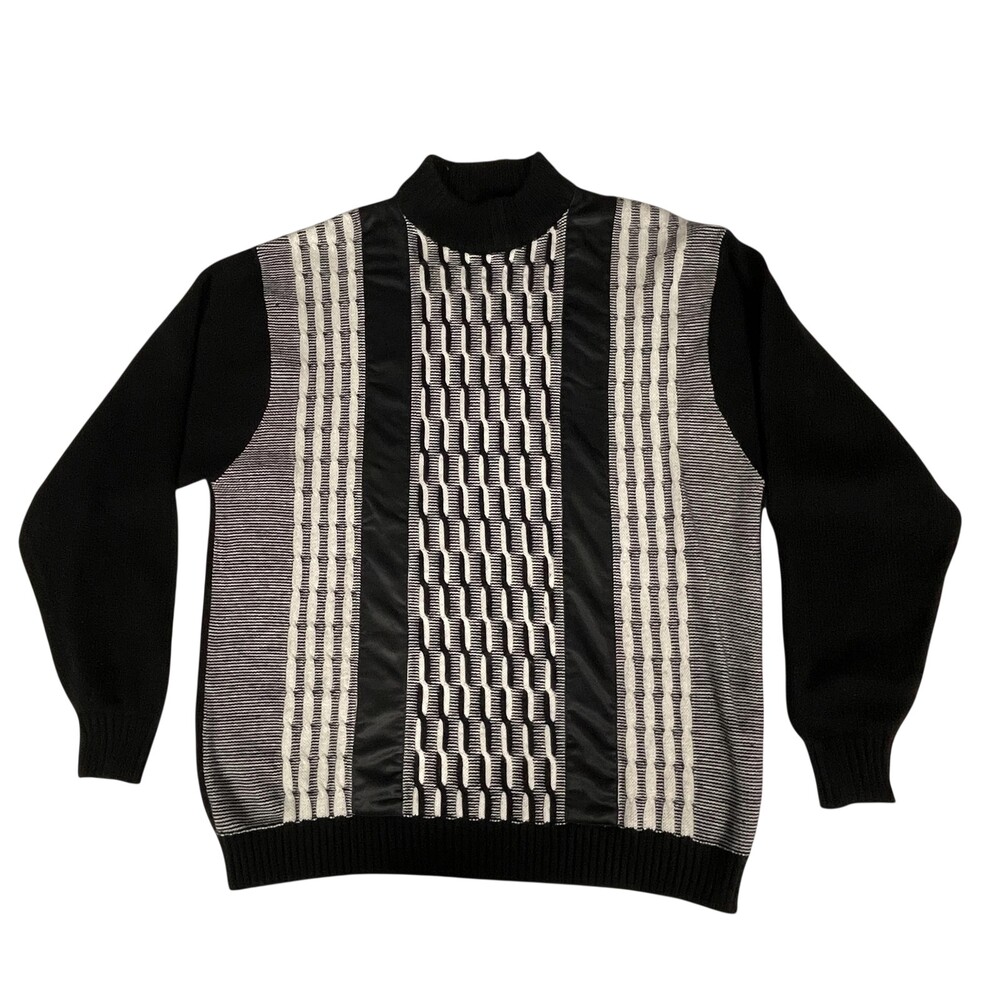 Gochu Sweater Mens XL Black White Mock Neck Textured Knit Geometric Retro